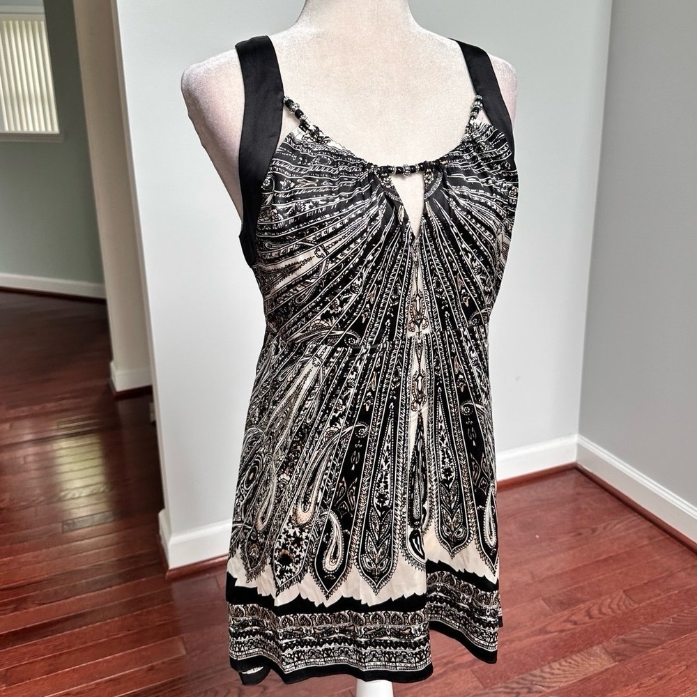 Cache Silk Black White Unique Pattern Beaded Embellished Asymmetrical Satin Top - Picture 10 of 12